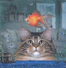3 Cocktail Papier Servietten Napkins (F3-36) Katze bestaunt Fisch im Aquarium