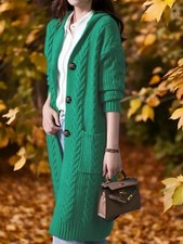 TRAUMHAFTER Strickmantel Longstrickjacke M 38 Zopfmuster Kapuze GRÜN Knopfleiste