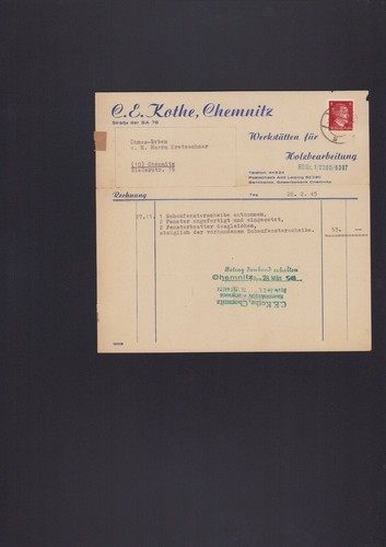 Chemnitz rechnung 1945 e - chemnitz,, c.