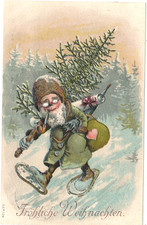 Weihnachten: Zwerg mit Schneeschuhen,Tannenbaum und Pfeiffe im Schnee, gel.1907
