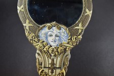 antiker französischer Handspiegel, Werbespiegel, Pappmache, Lyon um 1900