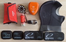 Tauchsport-Zubehör, 10-teilig: Beatmungsmaske,Boje,Reel,Blei,Lampe,Kopfhaube