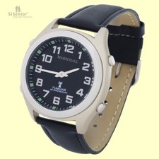 Sprechende Uhr, Funk Armbanduhr Sprachausgabe, schwarzes Zifferblatt Lederband