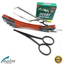 Holz Rasiermesser + 100 Derby Rasierklingen Rasierer Rasur Razor + Bartschere