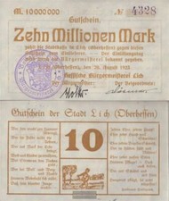 Lich Inflationsgeld Stadt Lich bankfrisch 1923 10 Millionen Mark