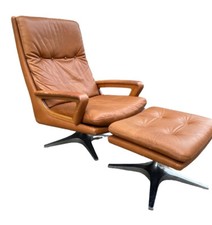 Designer Sessel Hocker Leder Cognac Teak Holz Retro Metall Víntage Ca. Um 1970