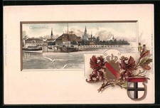 Passepartout-Lithographie Konstanz, Uferpartie mit Dampfboot, Wappen 