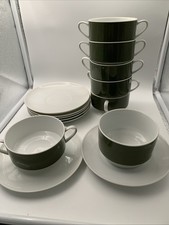 6 Suppentassen + Untertassen + Sauciere Melitta Friesland Wien grünes Band Retro