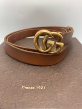 Gucci GG Marmont schmaler Ledergürtel braun mit goldener Schnalle Größe 70