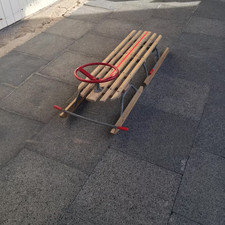 Holzschlitten Lenkschlitten Schlitten mit Lenkrad und Bremse 80er Jahre