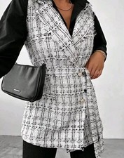 NEU Westenmantel Gr. M  Tweedjacke Weste Jacke Plaid Mantel Gürtel weiß schwarz