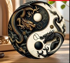 *NEU* Ying Yang Scheibe Mit Drachen Aus Holz Rundes Schild 20cm Durchmesser