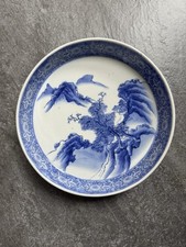 Antike japanische Sometsuke Akita Blau Weiß flache Schale Teller Japan Keramik