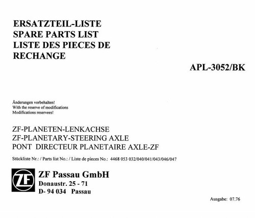 Ersatzteilliste allradachse - ersatzteilliste, zf