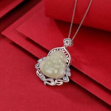 F02 Anhänger Buddha Figur aus heller Jade Maitreya Bodhisattva Silber 925