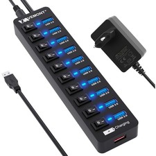 USB Hub 3.0, 11 Ports, Aktiv, mit Netzteil, USB Verteiler, Ladeport, Kabel