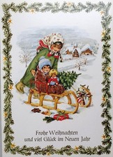 Kinder mit Schlitten bringen Tannenbaum nachhause, Motivkarte - 1998