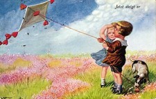 Kinder mit Drachen, Hund "Jetzt steigt er", sign. Fialowska, 1927