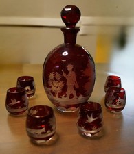 Rubinglas Karaffe Likörkaraffe + 6 Gläser Jagd jagdlich Böhmen