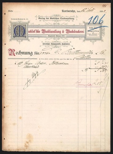 Rechnung karlsruhe 1892 - rechnung,