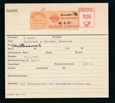 S0865) Francotyp AFS Stammkarte 1951 Hannover R & S Hanomag TEMPO BMW RR!!