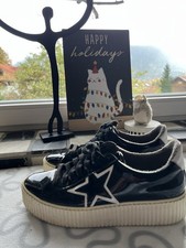 MELINE Sneaker Damen Made In italy Schwarz Lackleder Stern Platform 41 Turnschuh