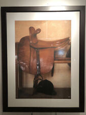 Bild, Farbdruck, Damensattel mit Steigbügel und Reitkappe, alt, Holzrahmen, Glas