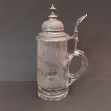Antiker Glas Bierkrug mit Zinndeckel Brünftiger Hirsch - Reh