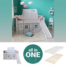 Hochbett 90x200 Kinderbett mit Rutsche Matratze Weiß Holz Massiv Homestyle4u