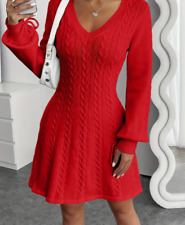 Zopfmuster-Strickkleid mit V-Ausschnitt - Elegante Laternenärmel, rot, weiß new