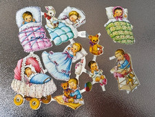 9 Vintage Papier Oblaten Bilder bunte Puppen Teddy Baby Sticker Poesiealbum 1960