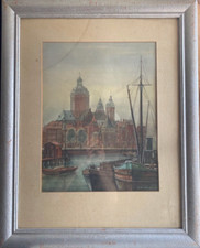 ::AQUARELL  UNDEUTL. SIGN.HAFEN SCHIFFE BOOTE  &  DOM ABER WO?