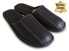 Herren LEDER Hausschuhe Pantoffeln Schlappen Latschen schwarz, Gr. 41 - 48