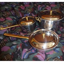 Stiel Topf Set - Pfanne Deckell vergoldete Griffe 6 teilig