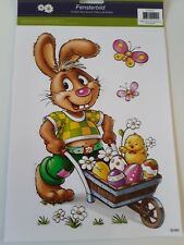 XL Ostern Fensterbild BUNT Osterhase fährt Schubkarre m. Küken & Schmetterlingen