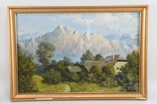 N88B45- Gemälde Bauernhof vor Bergkulisse signiert Osk. Heimann verso dat. 1949