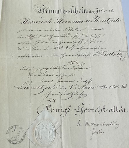 Heimatschein lommatzsch 1852 - lommatzsch,