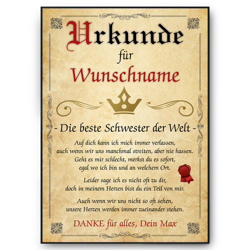 Beste schwester urkunde - schwester,