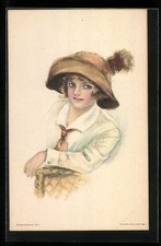 Künstler-AK Alice Luella Fidler: Fräulein mit Hut sitzt im Korbstuhl 