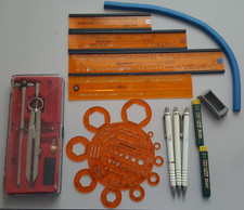 Zeichenschablonen, Zirkel, Kurvenlineal