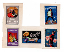 5 alte Reklamemarken für Riquetta-Schokolade u. Riquet-Tee (Leipzig u. Gautzsch)