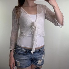 Y2K Vintage Feinstrick Shrug Cardigan vorne zum Binden Schleife 3/4 Arm transparent Cover Up