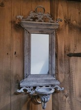 WANDKERZENHALTER MIT SPIEGEL ANTIK SHABBY LANDHAUS STIL GRAU WANDDEKO NEU