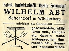 Wilhelm Abt Schorndorf LANDWIRTSCHAFTLICHE GERÄTE Historische Reklame von 1908