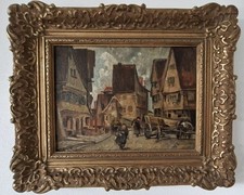 Ölgemälde "Mittelalterliche Straßenszene mit Personen im Prunkrahmen