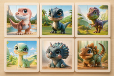 Puzzle Set - 6 niedliche Dino-Babys, Puzzle aus Holz für Kinder