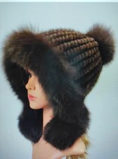 Damen Qualität gestrickte mit Echt Nerz Pelzund Fuchs Mütze 57-59 Groß Braun.