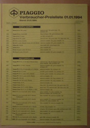 Vespa preisliste 1994 - ,