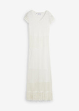 Strickkleid mit Fransen Gr. 36/38 Wollweiß Sommer-Dress Midi Strick-Kleid Neu*