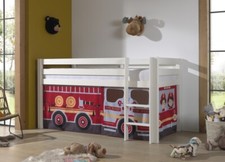 Halbhohes Spielbett mit Textilset Feuerwehr- Weiß